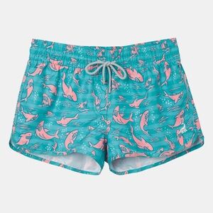 Women’s 2.5 inch Surfcuz Teal and Pink Shark Swim Shorts